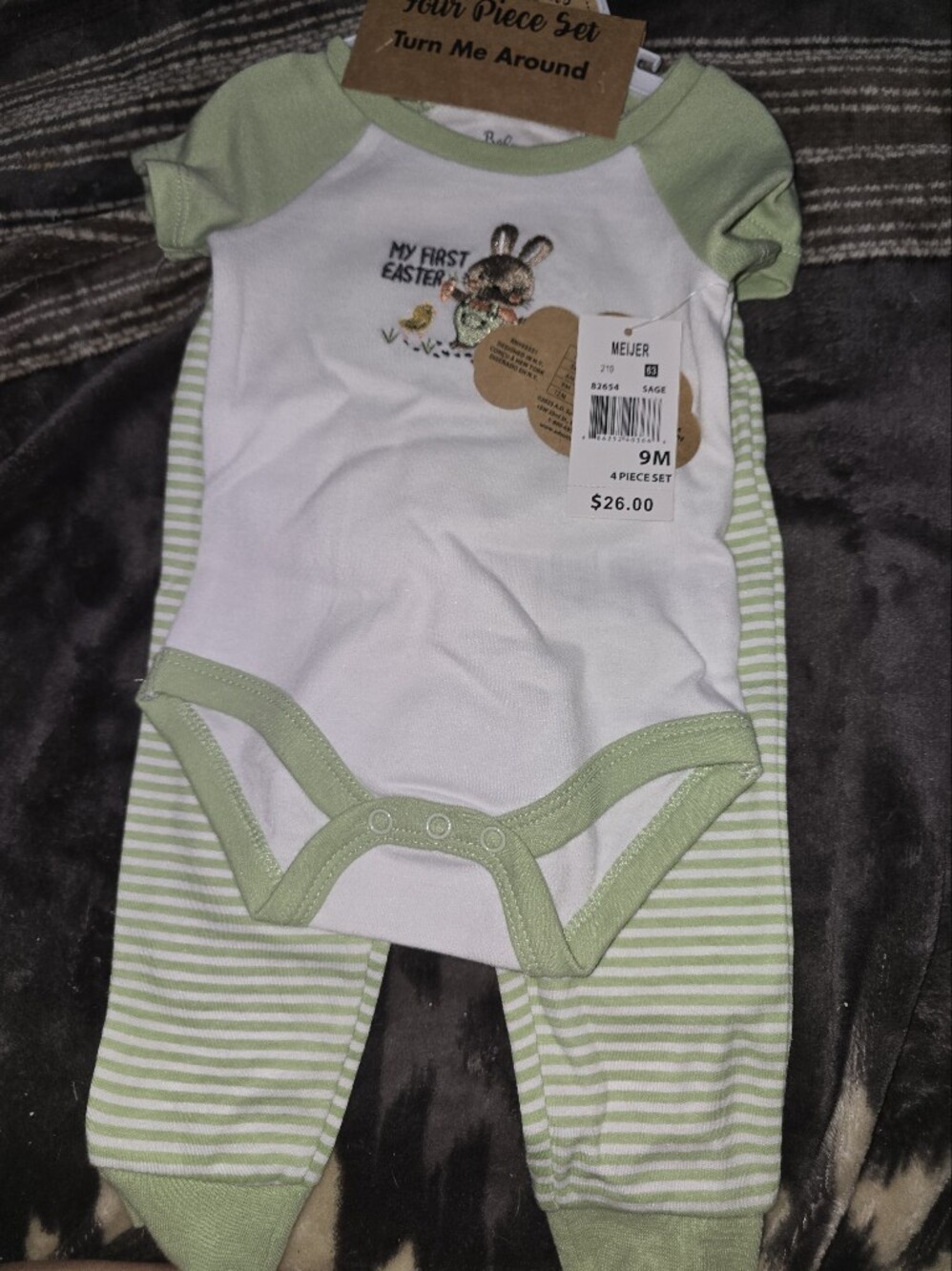 Little Lass Green and White Baby One-Piece Bodysuit Set - 'My First Easter'